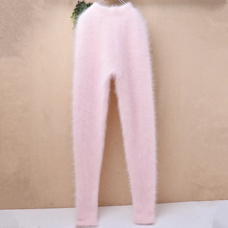 Ladies Women Fashion Sweet Pink Angora Rabbit Hair Knitted Warm Soft Autumn Winter Underwear High‑waisted Thermal Pants Trousers