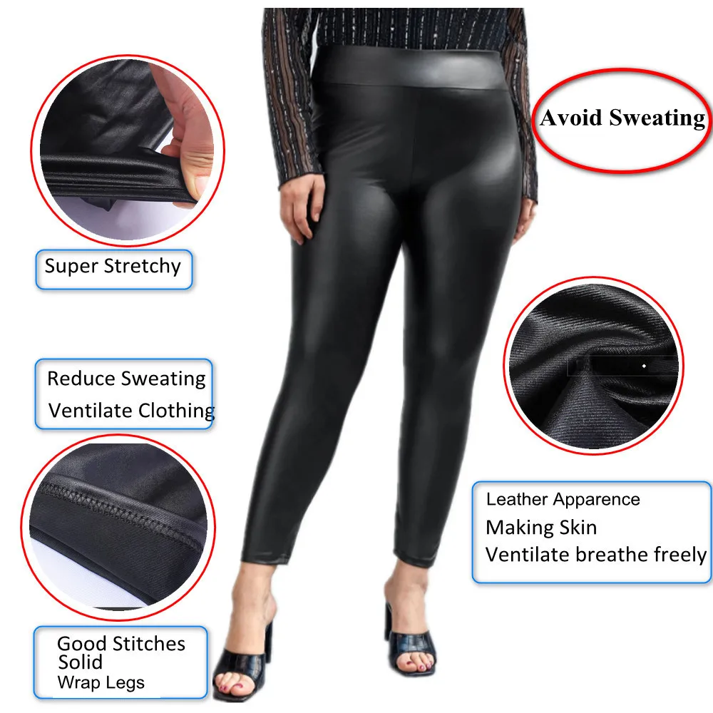 PLus Size Faux Leather Leggings Shiny Fabric Black Girls Spandex Pleather Stretchy High Waist Jegging Vestir Elegante