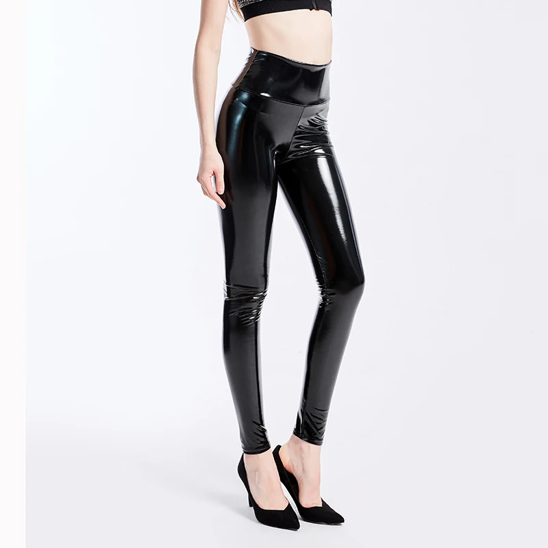 Women Black Leggings Sexy High Waist Elastic Pu Leather Skinny Pants Shiny Wet Look Metallic Latex Leggings Plus Size XXXL