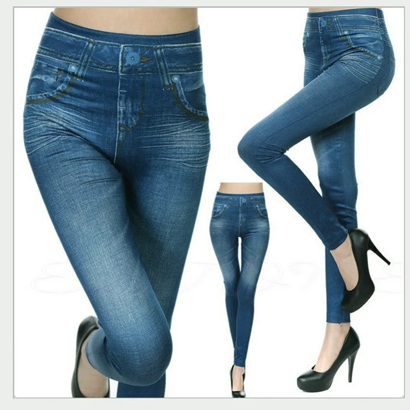 High Waist Elastic Imitation Denim Sports Gymnasium Pencil Pant Casual Trouser Women Clothes Long Leggings Dye Vintage All-match