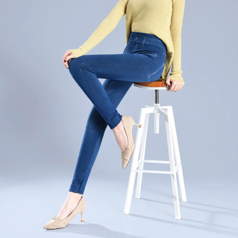 High Waist Elastic Imitation Denim Sports Gymnasium Pencil Pant Casual Trouser Women Clothes Long Leggings Dye Vintage All-match