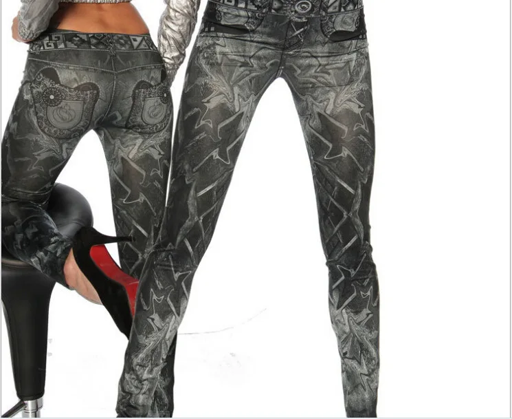 High Waist Elastic Imitation Denim Sports Gymnasium Pencil Pant Casual Trouser Women Clothes Long Leggings Dye Vintage All-match