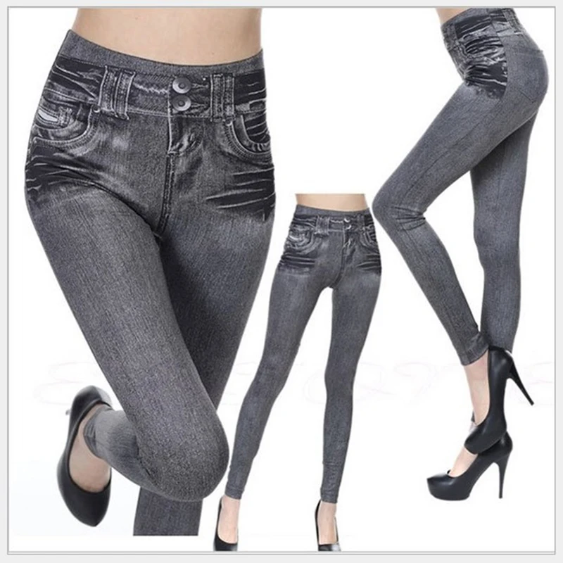 High Waist Elastic Imitation Denim Sports Gymnasium Pencil Pant Casual Trouser Women Clothes Long Leggings Dye Vintage All-match