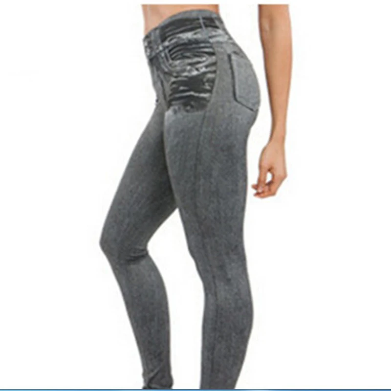 High Waist Elastic Imitation Denim Sports Gymnasium Pencil Pant Casual Trouser Women Clothes Long Leggings Dye Vintage All-match
