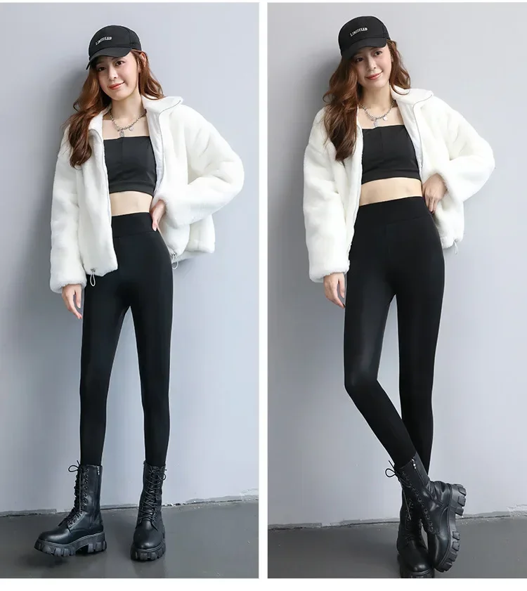Women's Pants Sexy Velvet PU Leather Leggings Winter New Ladies High Waist Fleece Matte Thick Warm Woman Clothing