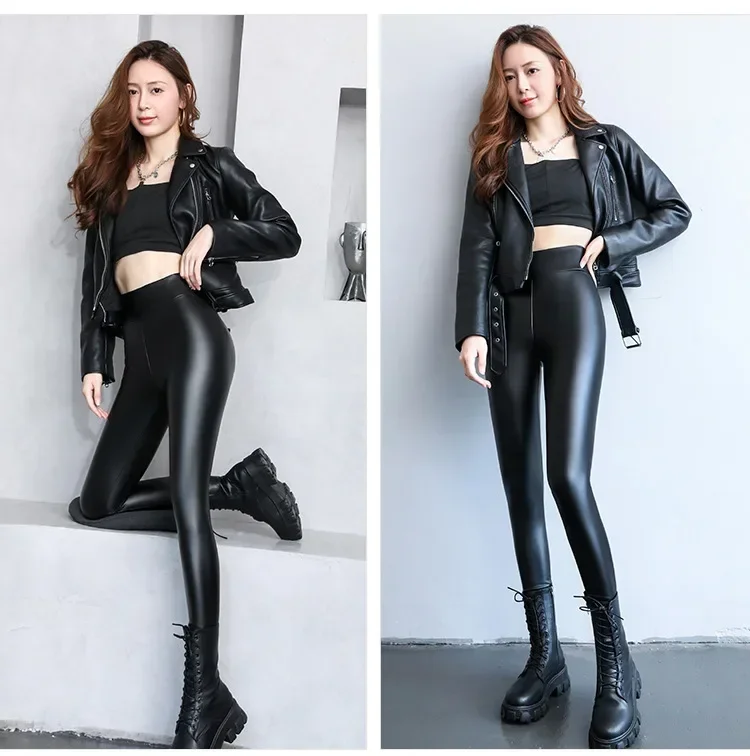 Women's Pants Sexy Velvet PU Leather Leggings Winter New Ladies High Waist Fleece Matte Thick Warm Woman Clothing