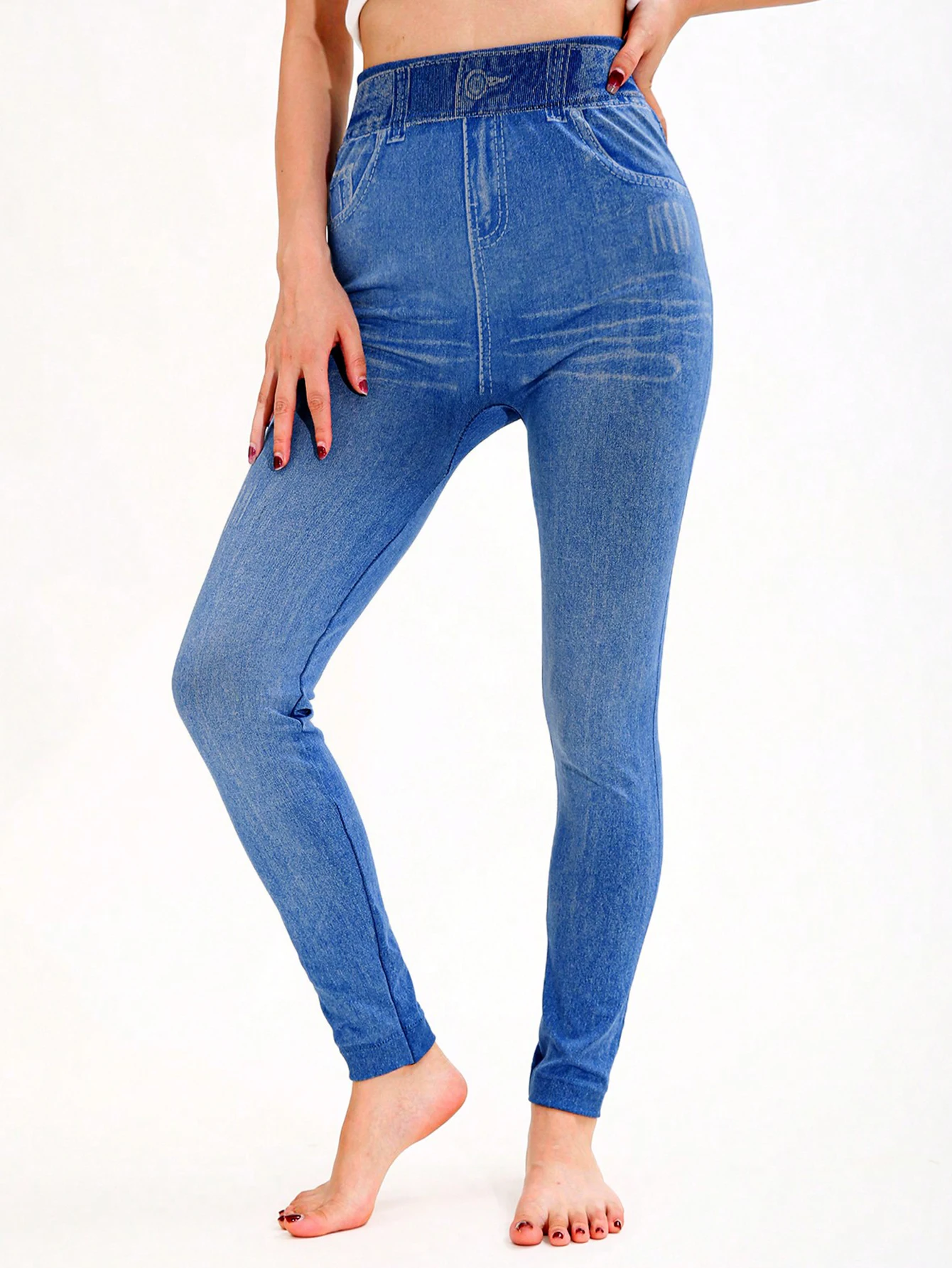 CUHAKCI Spring Summer Simple Denim like Women's leggings Light Blue Fashion Sports Exercise Yoga Pants