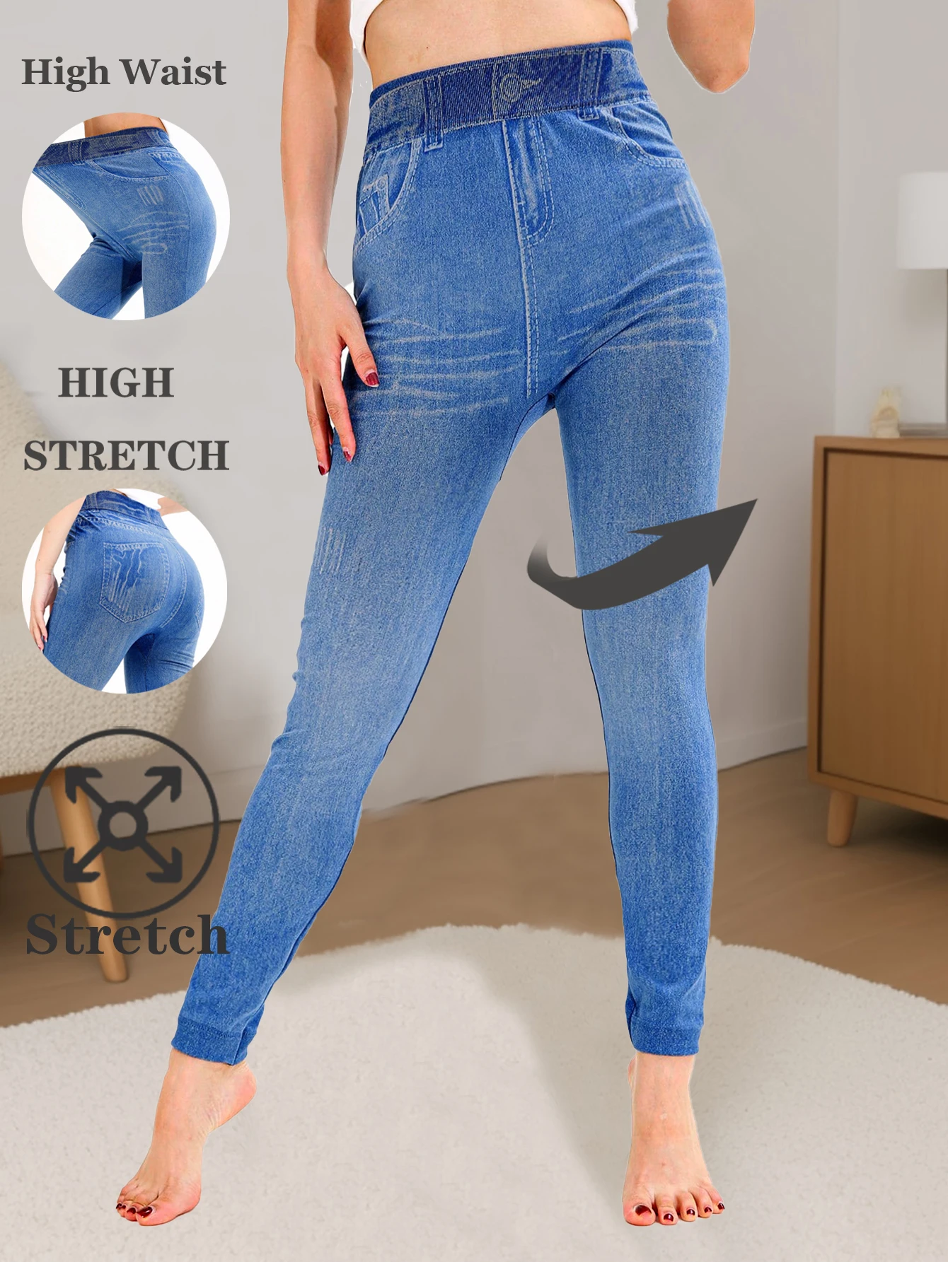 CUHAKCI Spring Summer Simple Denim like Women's leggings Light Blue Fashion Sports Exercise Yoga Pants