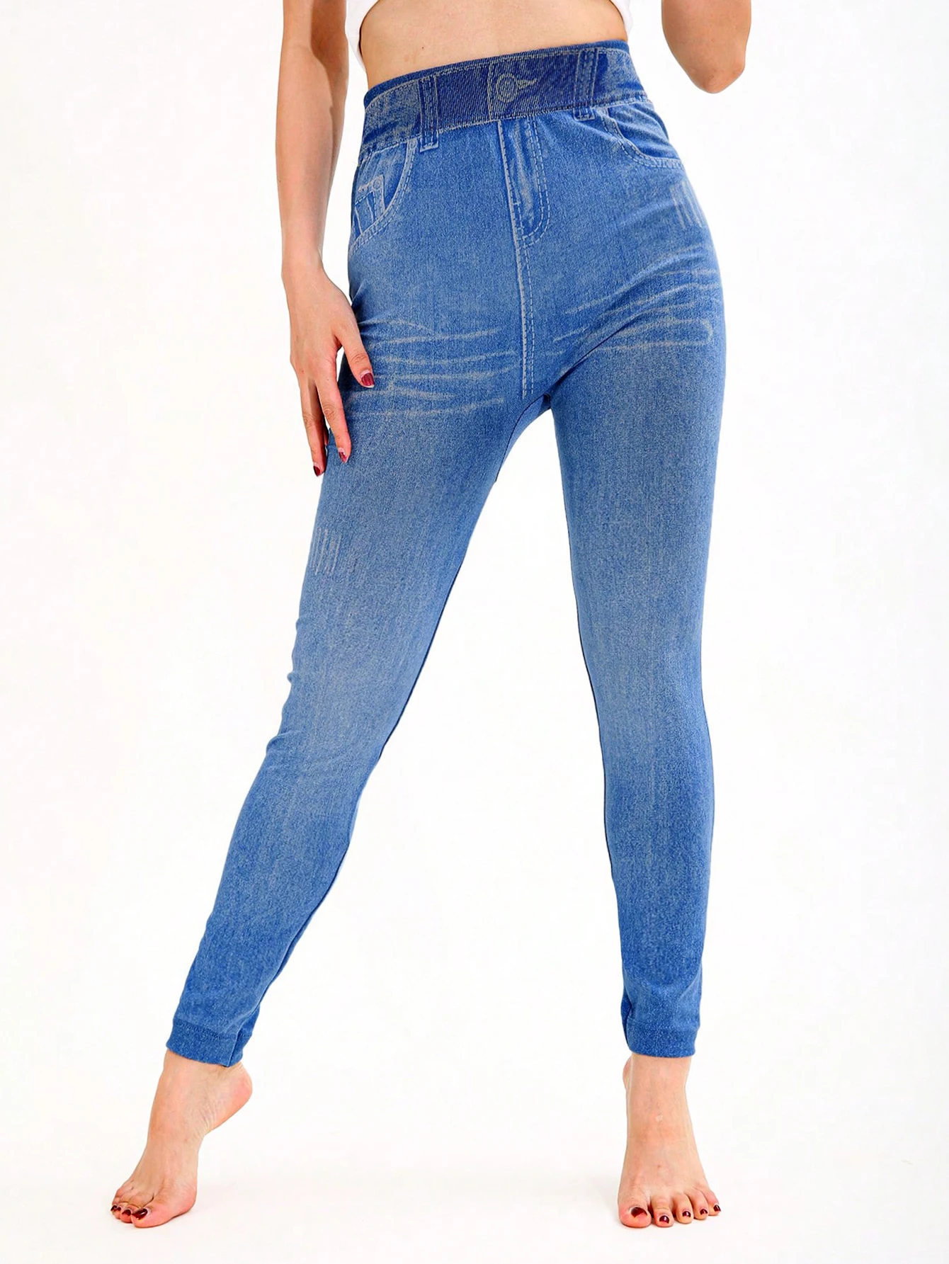 CUHAKCI Spring Summer Simple Denim like Women's leggings Light Blue Fashion Sports Exercise Yoga Pants