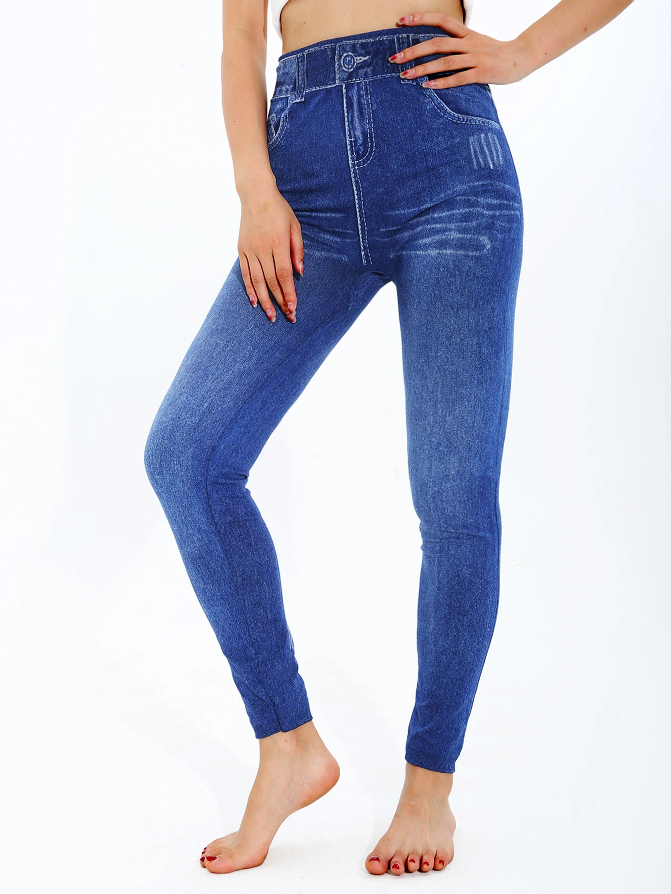 CUHAKCI Spring Summer Simple Denim like Women's leggings Light Blue Fashion Sports Exercise Yoga Pants