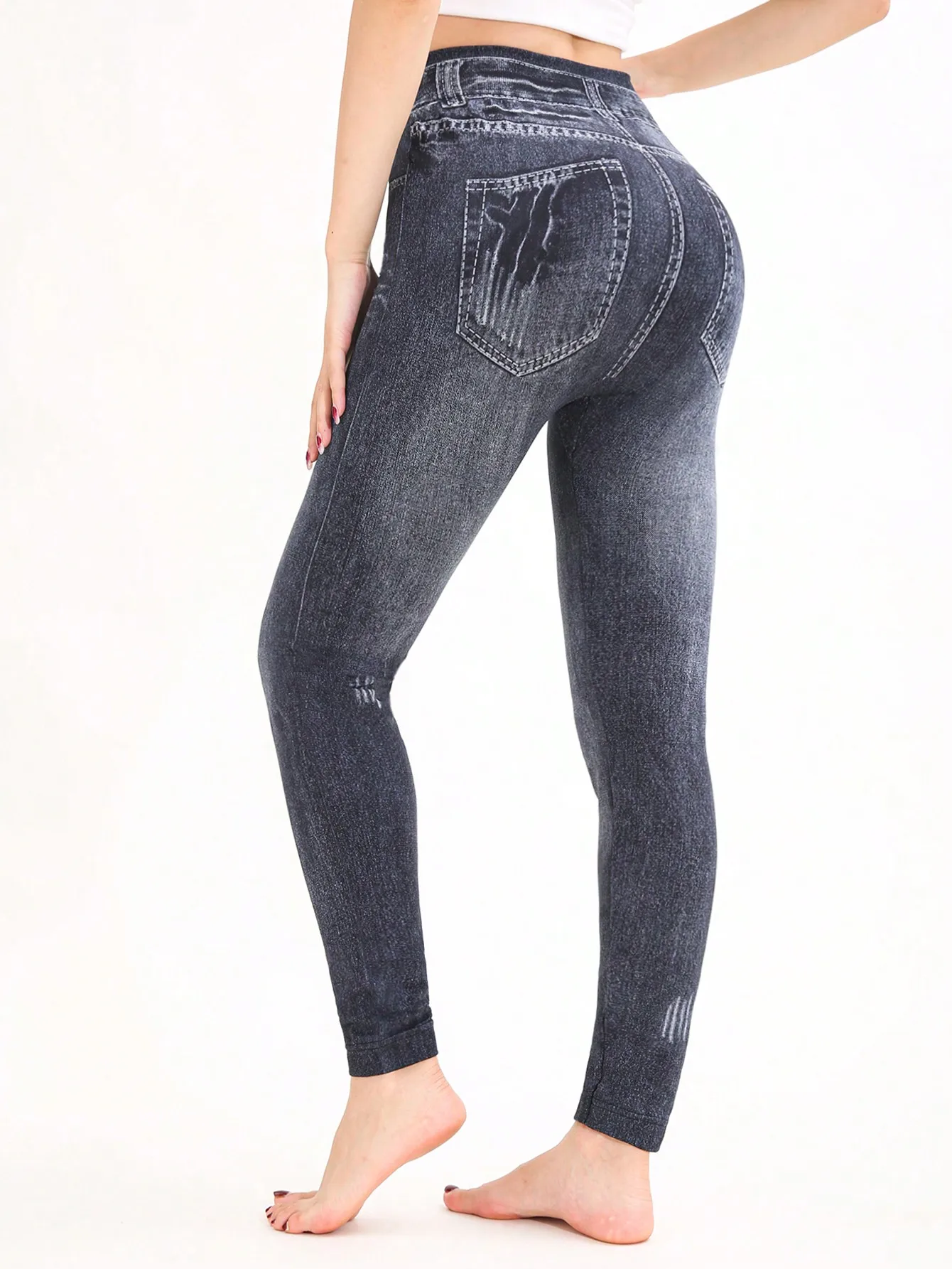 CUHAKCI Spring Summer Simple Denim like Women's leggings Light Blue Fashion Sports Exercise Yoga Pants