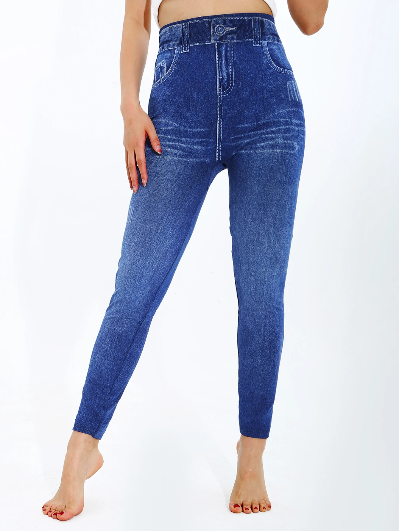 CUHAKCI Spring Summer Simple Denim like Women's leggings Light Blue Fashion Sports Exercise Yoga Pants