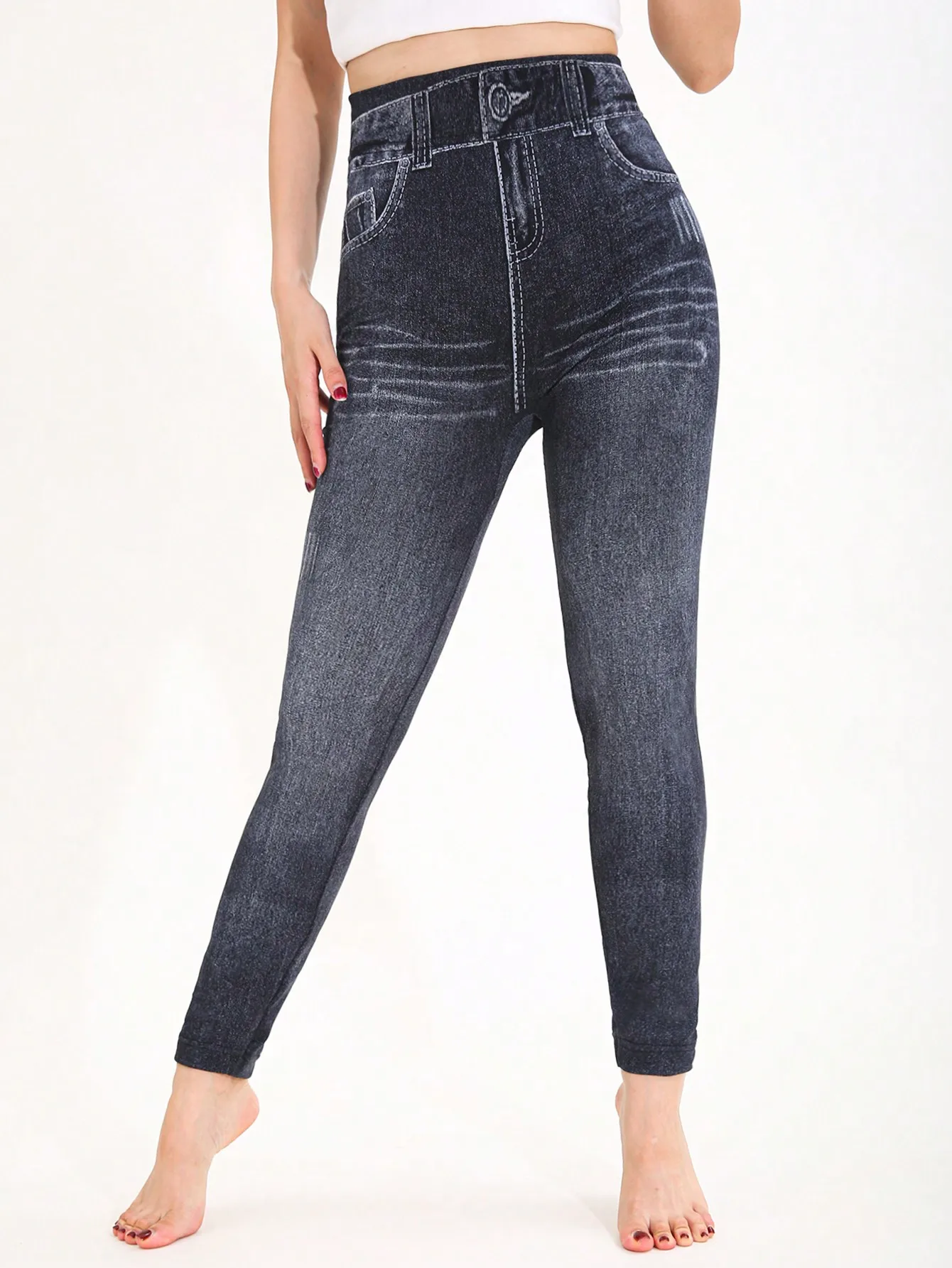 CUHAKCI Spring Summer Simple Denim like Women's leggings Light Blue Fashion Sports Exercise Yoga Pants