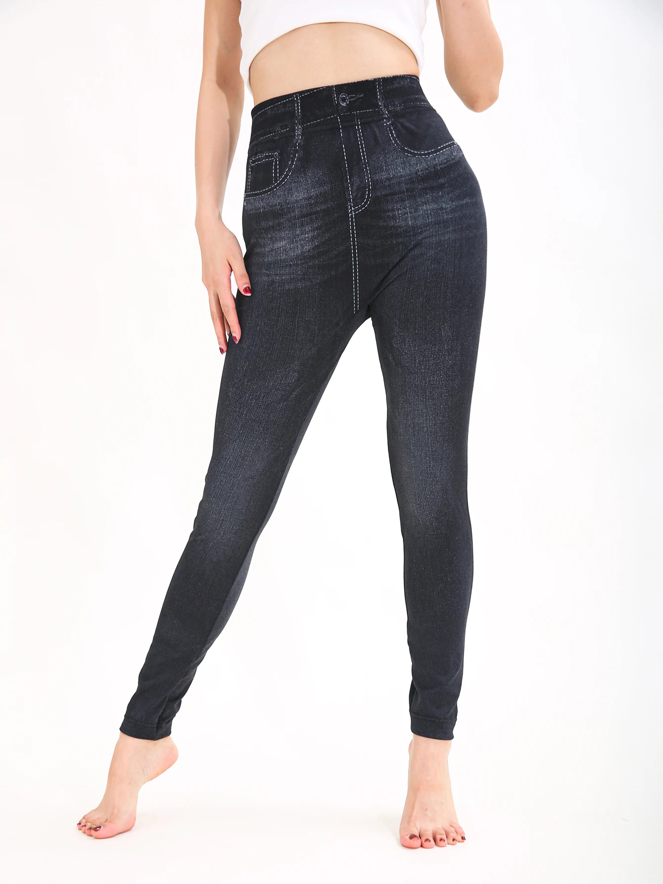 Autumn Winter 1PACK Women's Black Nine Cent Imitation Cowboy Sexy Tight Legging Casual Sports Elegant Fitness Yoga Pants