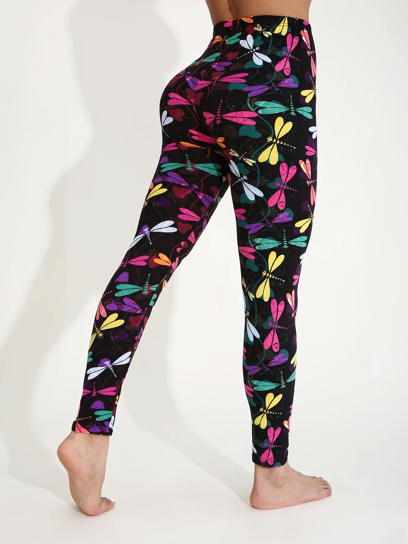 Autumn Winter 1PACK Women's Black Bottom Colorful Dragonfly Pattern Sexy Tight Legging Casual Sports Elegant Fitness Yoga Pants