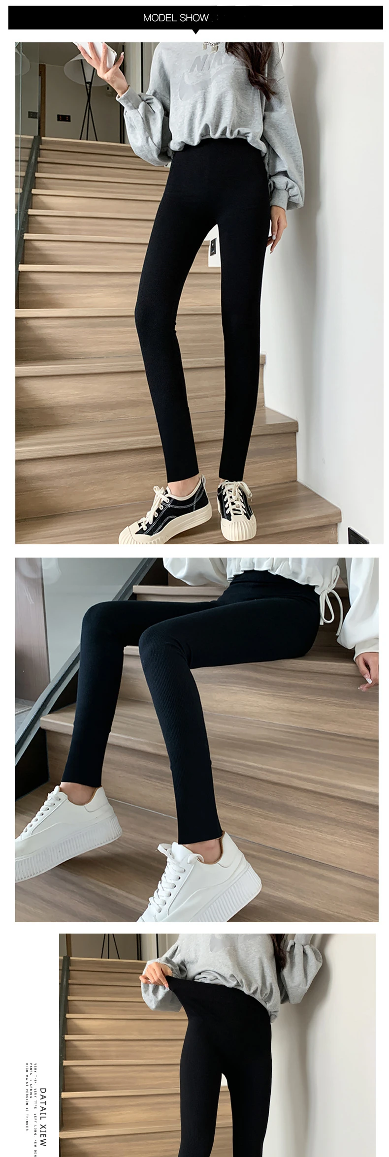 Ribbed Cotton Leggings Women Spring and Autumn Tights High Elastic Skinny Casual Pants Workout Walking Solid Leggings for Women