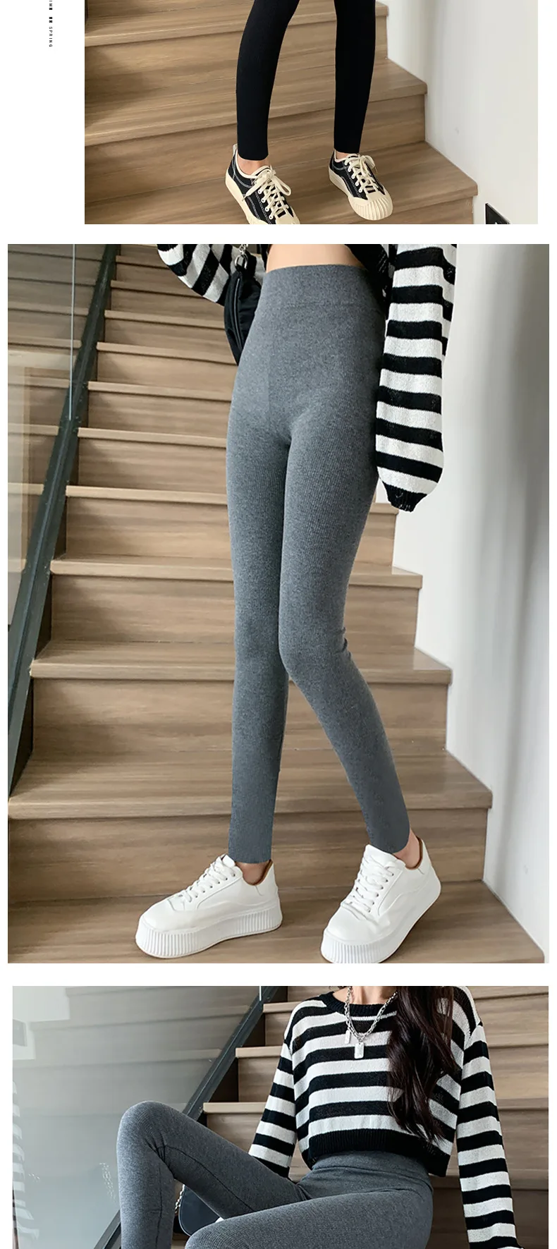 Ribbed Cotton Leggings Women Spring and Autumn Tights High Elastic Skinny Casual Pants Workout Walking Solid Leggings for Women