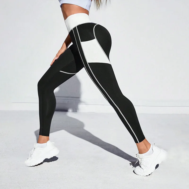 Splicing Yoga Leggings Women Gym Fitness Leggings High Waist Hip Liftting with Pocket Fashion Tights High Elastic Slim Trouers