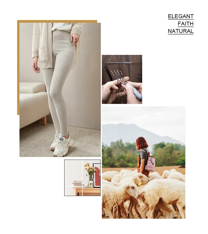 100% Wool Leggings For Women Warm AutumnWinter Solid Color Elastic Waist Knitted French Fashion Pants