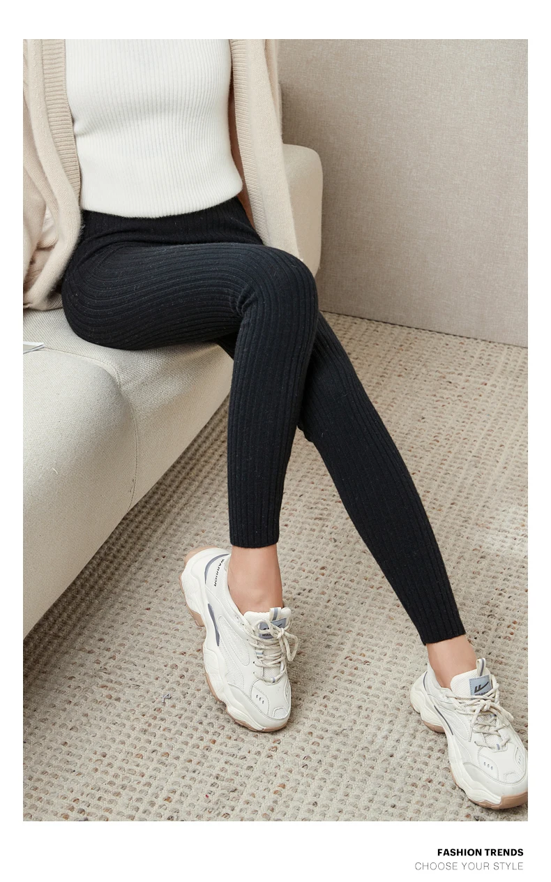 100% Wool Leggings For Women Warm AutumnWinter Solid Color Elastic Waist Knitted French Fashion Pants