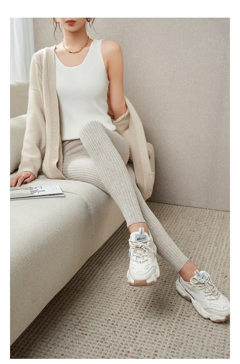 100% Wool Leggings For Women Warm AutumnWinter Solid Color Elastic Waist Knitted French Fashion Pants