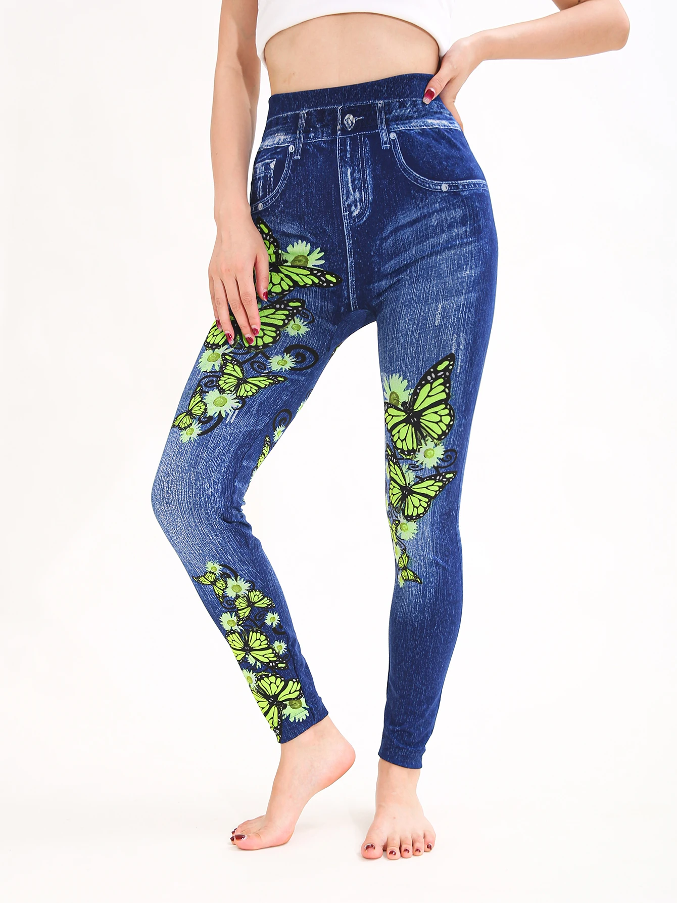 Autumn Winter 1PACK Women's Imitation Cowboy Green Butterfly Sexy Tight Legging Casual Sports Elegant Fitness Yoga Pants
