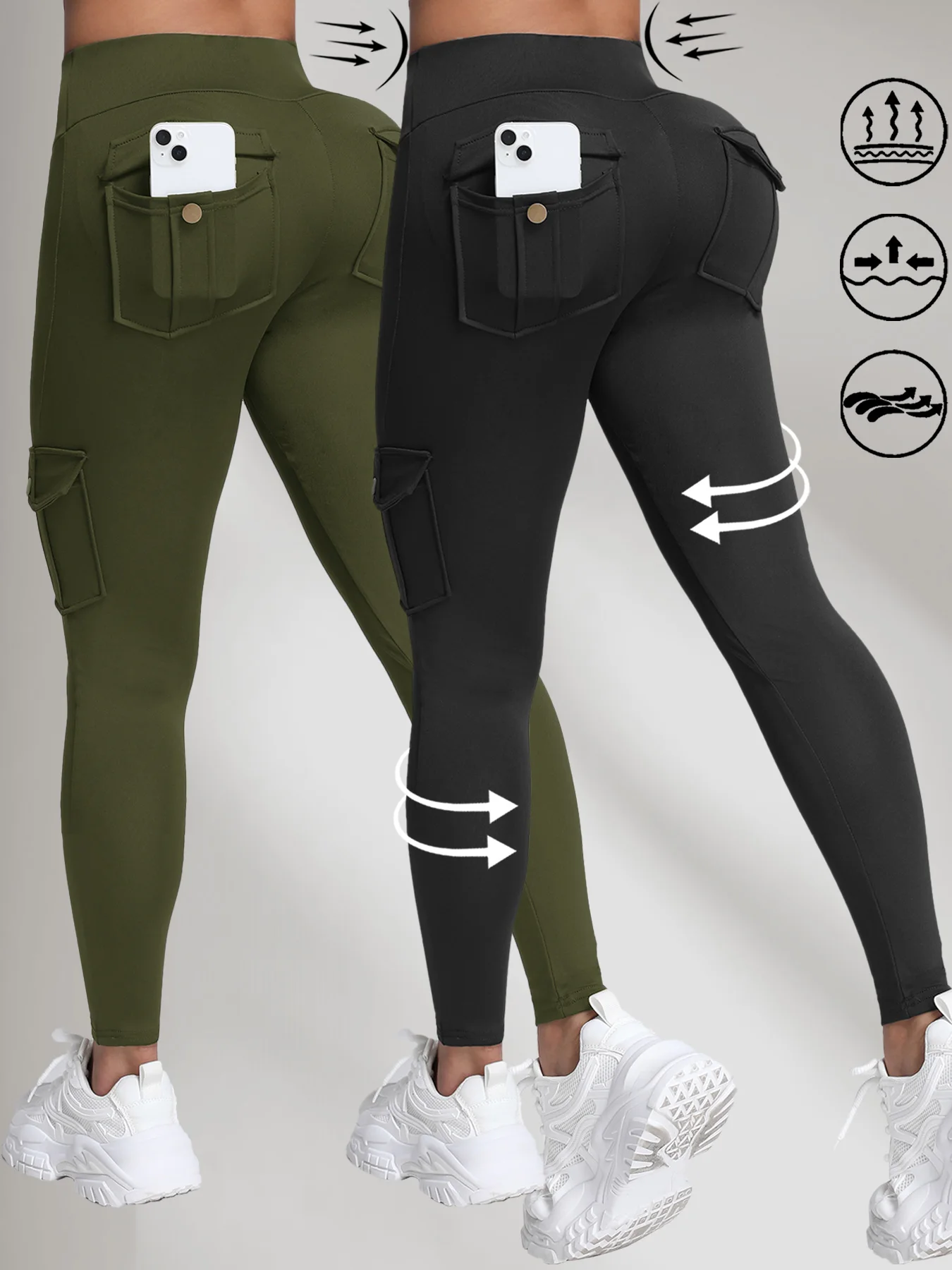 2PCS High Waist Lift Hip Pockets Woman Leggings Fitness Skinny Stretch Solid Color Sport Pants Daily Outdoors Running Leggings