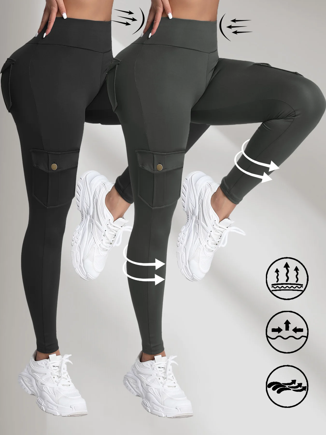 2PCS High Waist Lift Hip Pockets Woman Leggings Fitness Skinny Stretch Solid Color Sport Pants Daily Outdoors Running Leggings