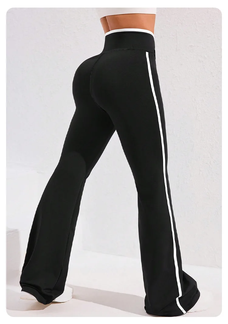 Side Stripe Flared Yoga Pants Women Cross Waist High Rise Butt Lifting Wide Leg Outdoor Slim Fit Wicking Sportswear