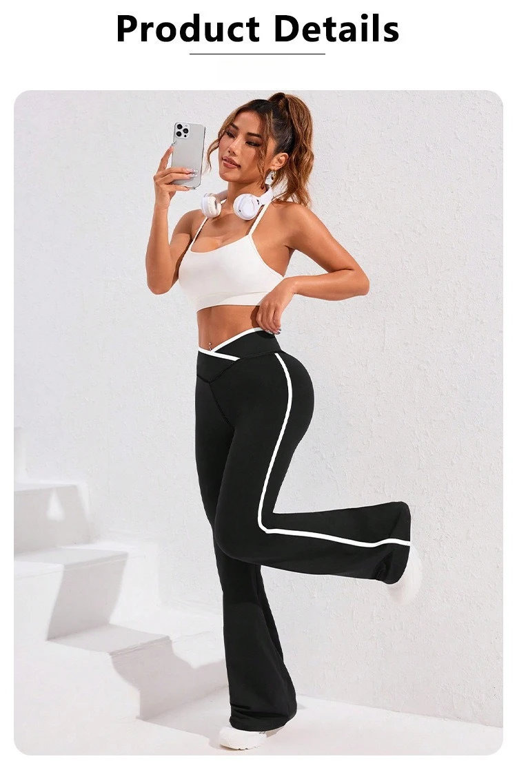 Side Stripe Flared Yoga Pants Women Cross Waist High Rise Butt Lifting Wide Leg Outdoor Slim Fit Wicking Sportswear