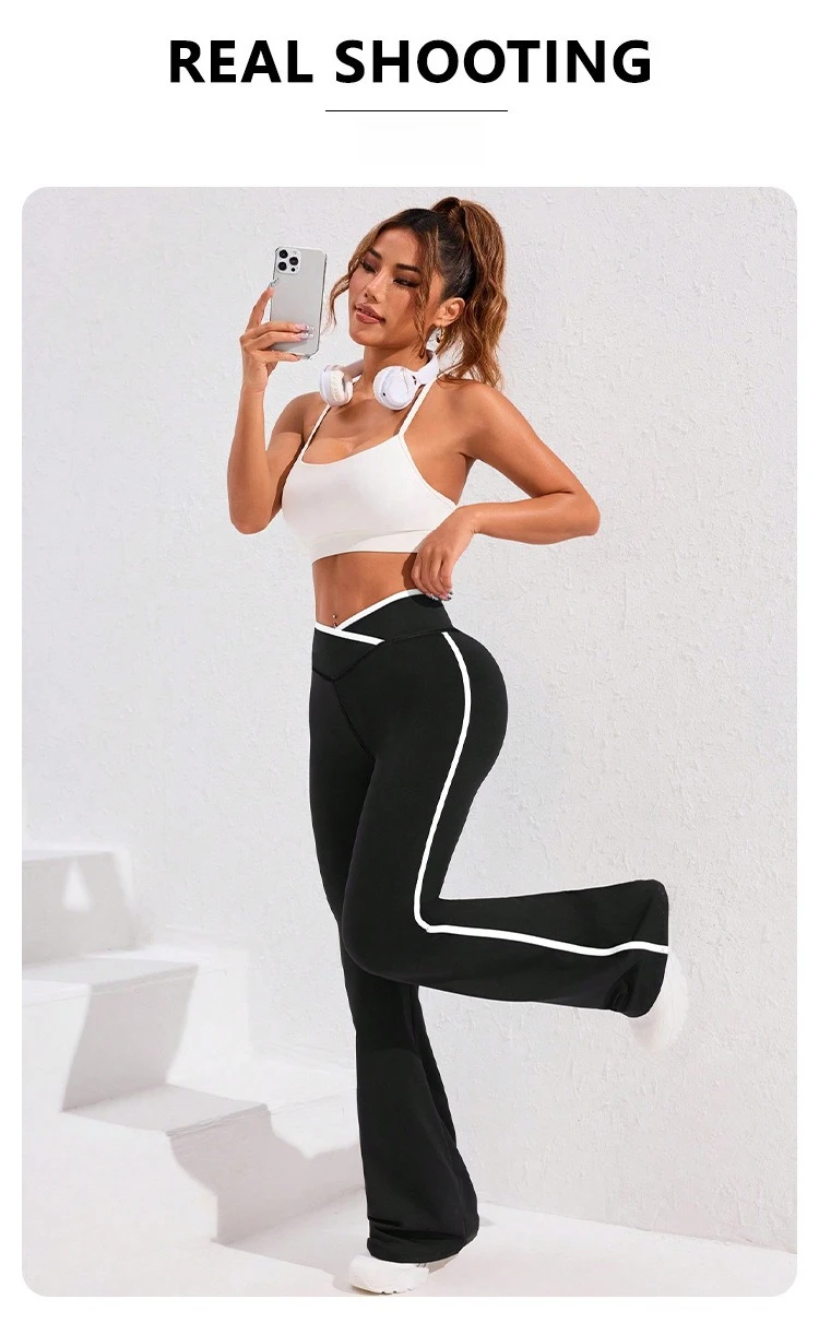 Side Stripe Flared Yoga Pants Women Cross Waist High Rise Butt Lifting Wide Leg Outdoor Slim Fit Wicking Sportswear