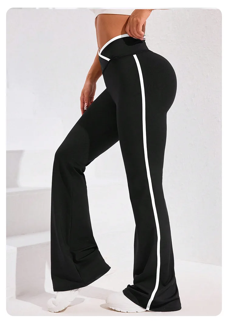 Side Stripe Flared Yoga Pants Women Cross Waist High Rise Butt Lifting Wide Leg Outdoor Slim Fit Wicking Sportswear