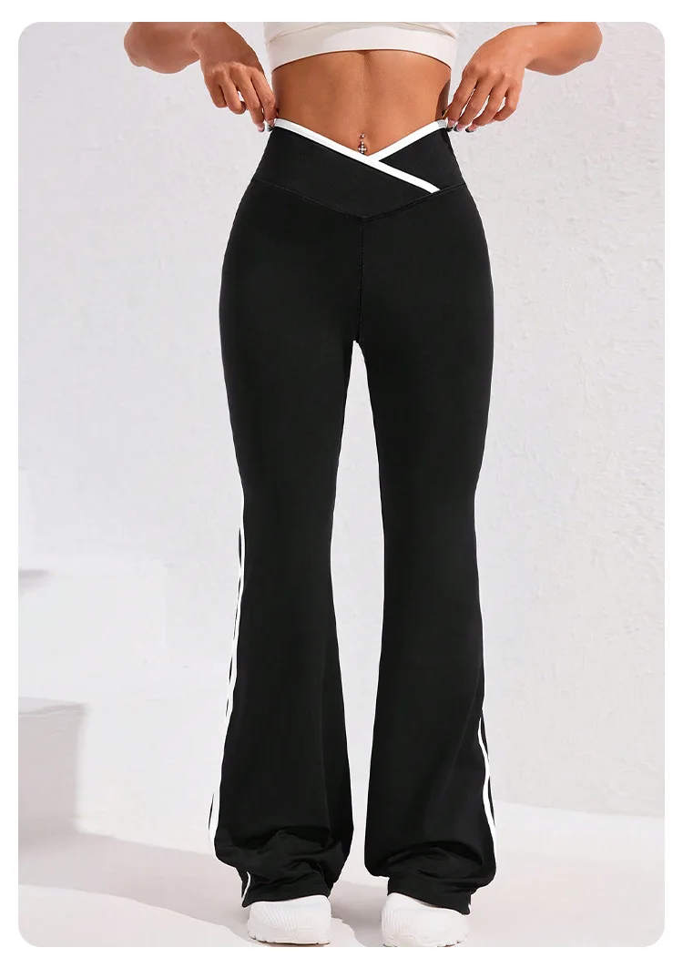 Side Stripe Flared Yoga Pants Women Cross Waist High Rise Butt Lifting Wide Leg Outdoor Slim Fit Wicking Sportswear