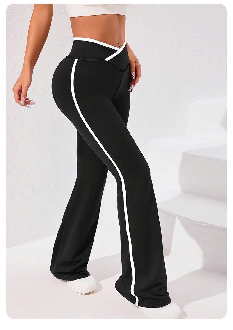Side Stripe Flared Yoga Pants Women Cross Waist High Rise Butt Lifting Wide Leg Outdoor Slim Fit Wicking Sportswear