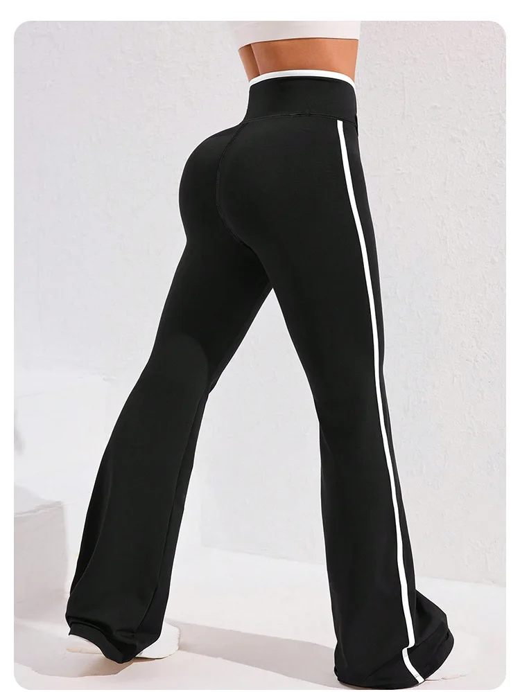 Side Stripe Flared Yoga Pants Women Cross Waist High Rise Butt Lifting Wide Leg Outdoor Slim Fit Wicking Sportswear