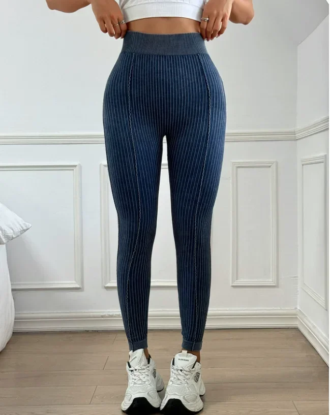 Women Seamless Gym High Waist Yoga Pants Hip Lifting Outdoor Sports Tight Solid Striped Fitness Pants Exercise Yoga Pants