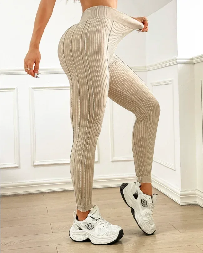Women Seamless Gym High Waist Yoga Pants Hip Lifting Outdoor Sports Tight Solid Striped Fitness Pants Exercise Yoga Pants