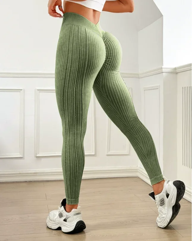 Women Seamless Gym High Waist Yoga Pants Hip Lifting Outdoor Sports Tight Solid Striped Fitness Pants Exercise Yoga Pants