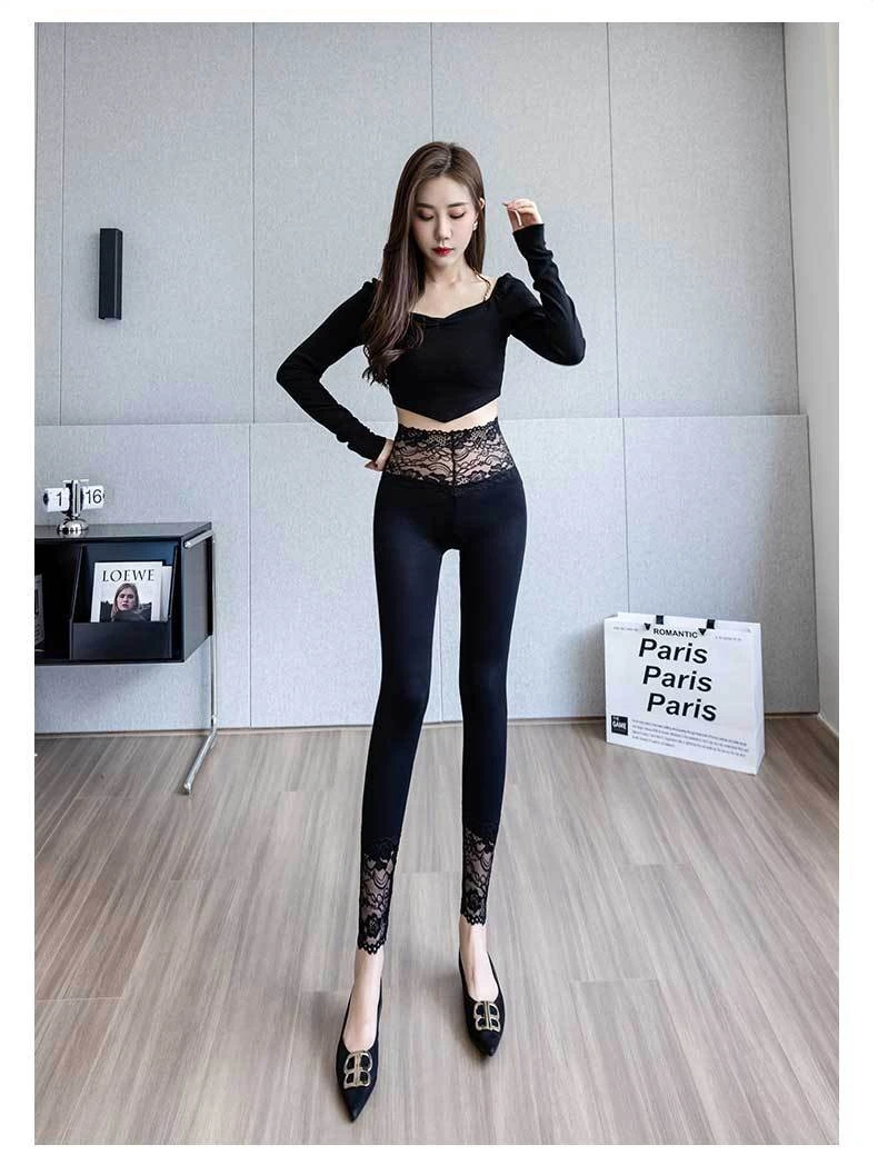 Modal Leggings Women High Waisted Sexy Lace Slim Stretchy Breathable Wear Alone Spring Fall Base Layer Butt Liftting Leggings