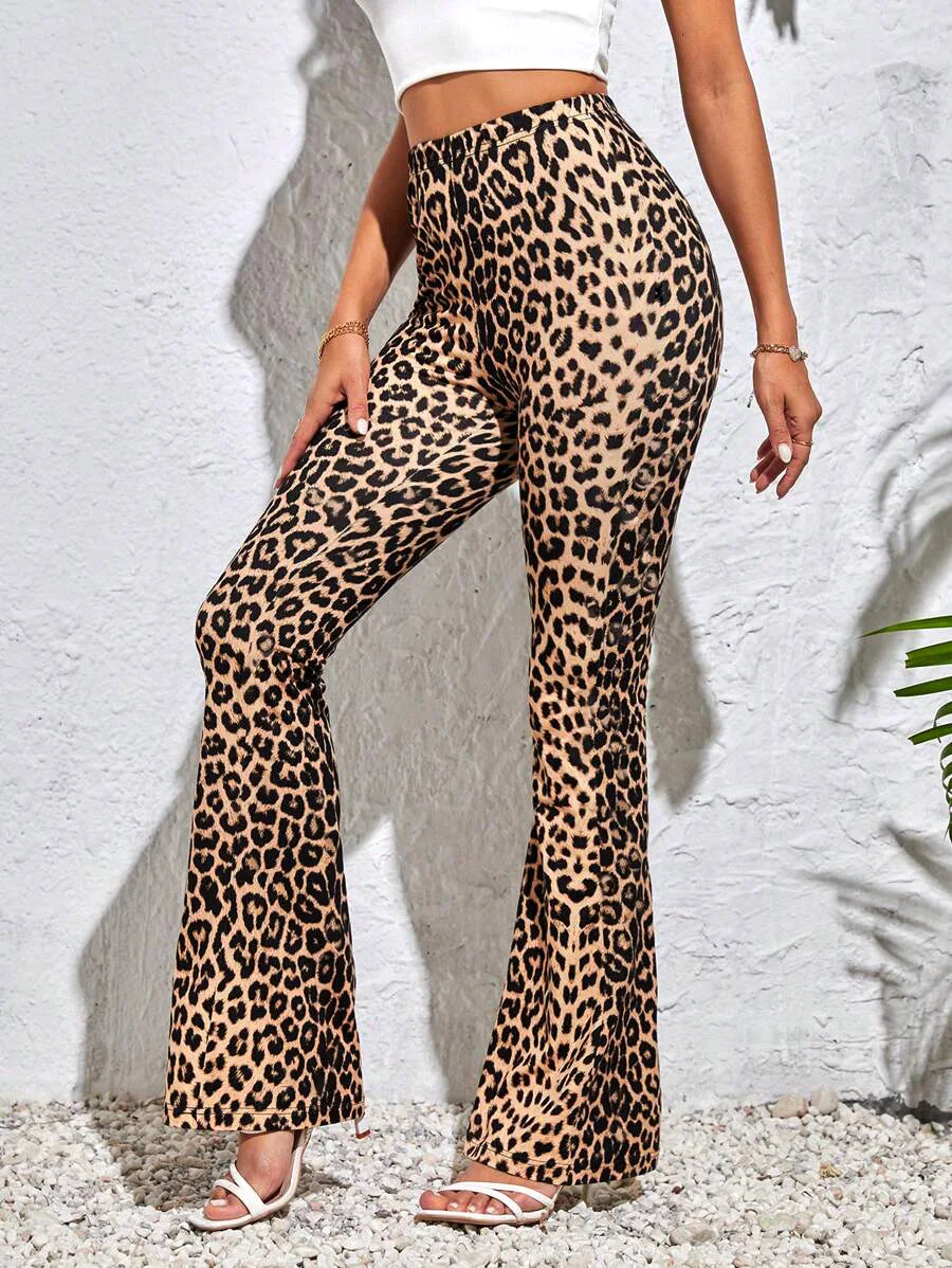 Women Leopard Print Flared Pants Sport High Waist Leggings Skinny Push Up Butt Yoga Pants Fashion Workout Casual Leggings Female
