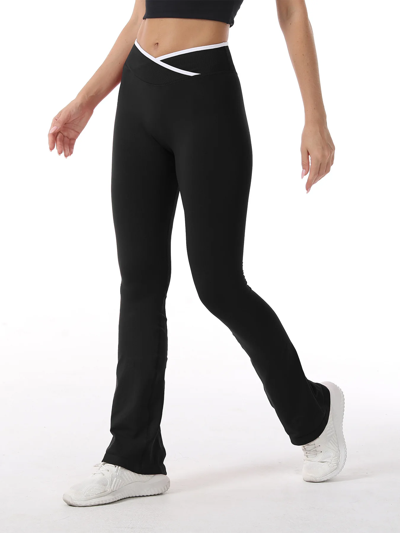 Sporty Flared Yoga Pants Women Color Block Cross Waist Bootcut Leggings Butt Lifting Tummy Control Workout Fitness Leggings