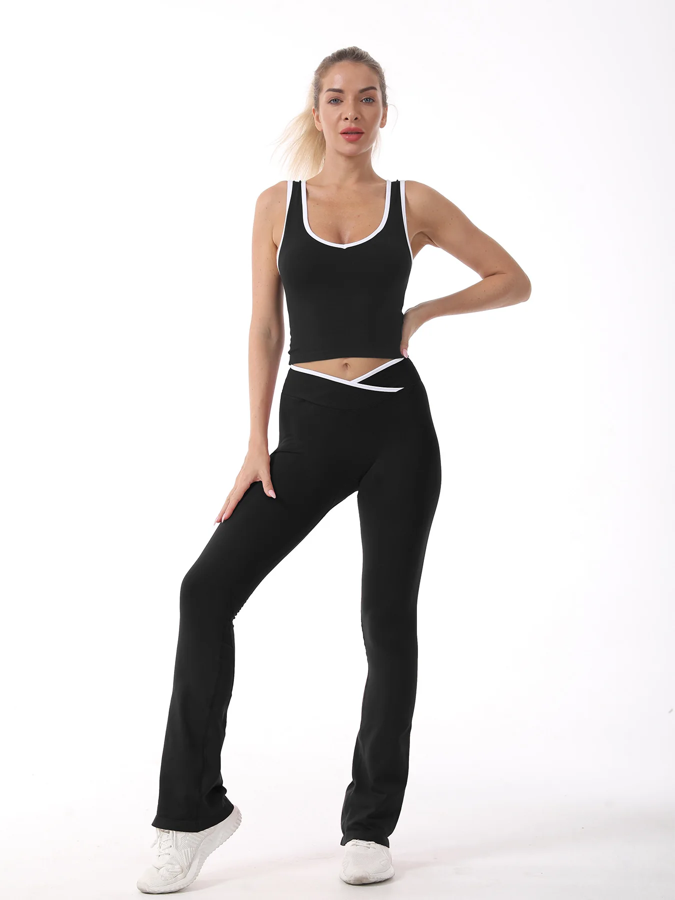Sporty Flared Yoga Pants Women Color Block Cross Waist Bootcut Leggings Butt Lifting Tummy Control Workout Fitness Leggings