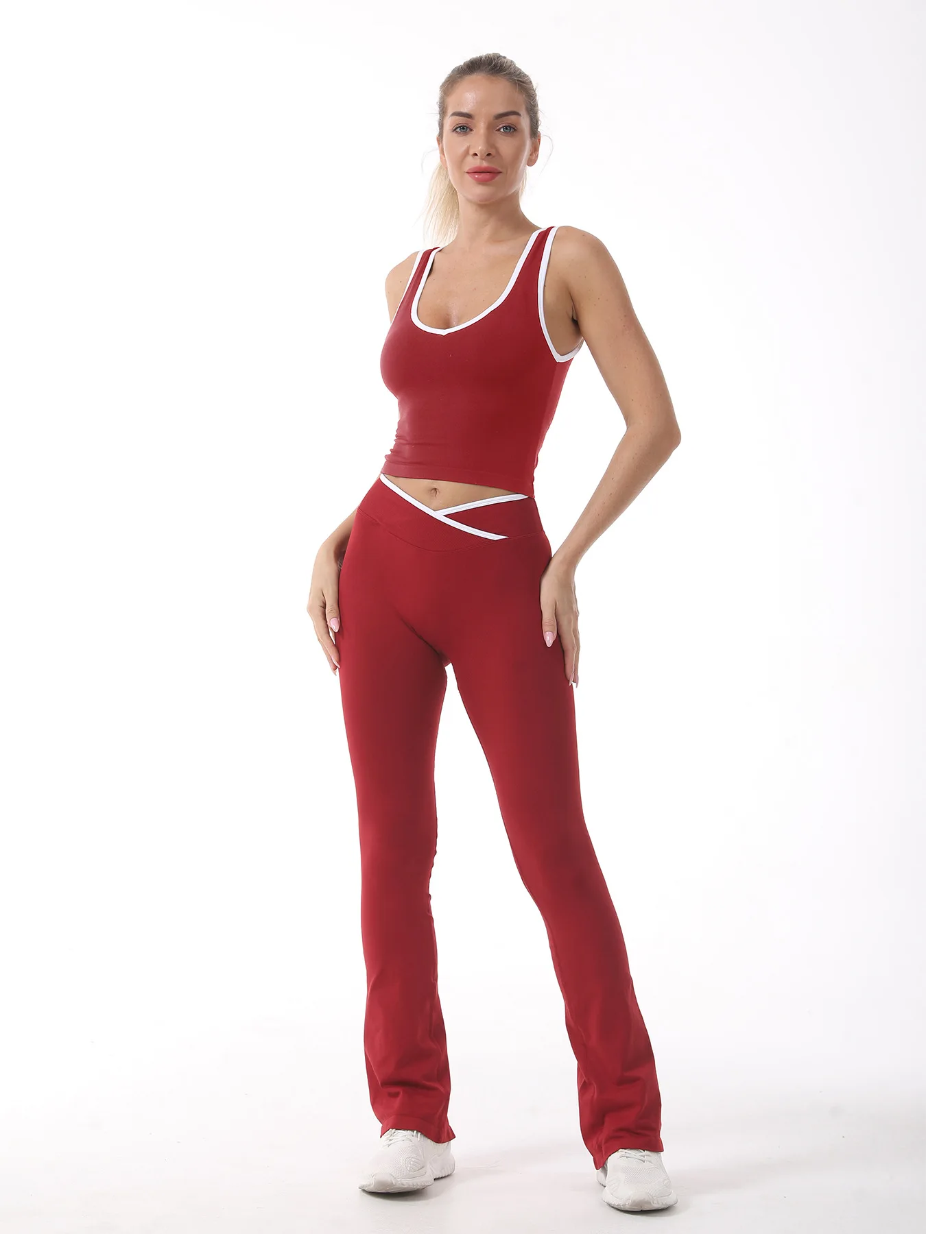 Sporty Flared Yoga Pants Women Color Block Cross Waist Bootcut Leggings Butt Lifting Tummy Control Workout Fitness Leggings