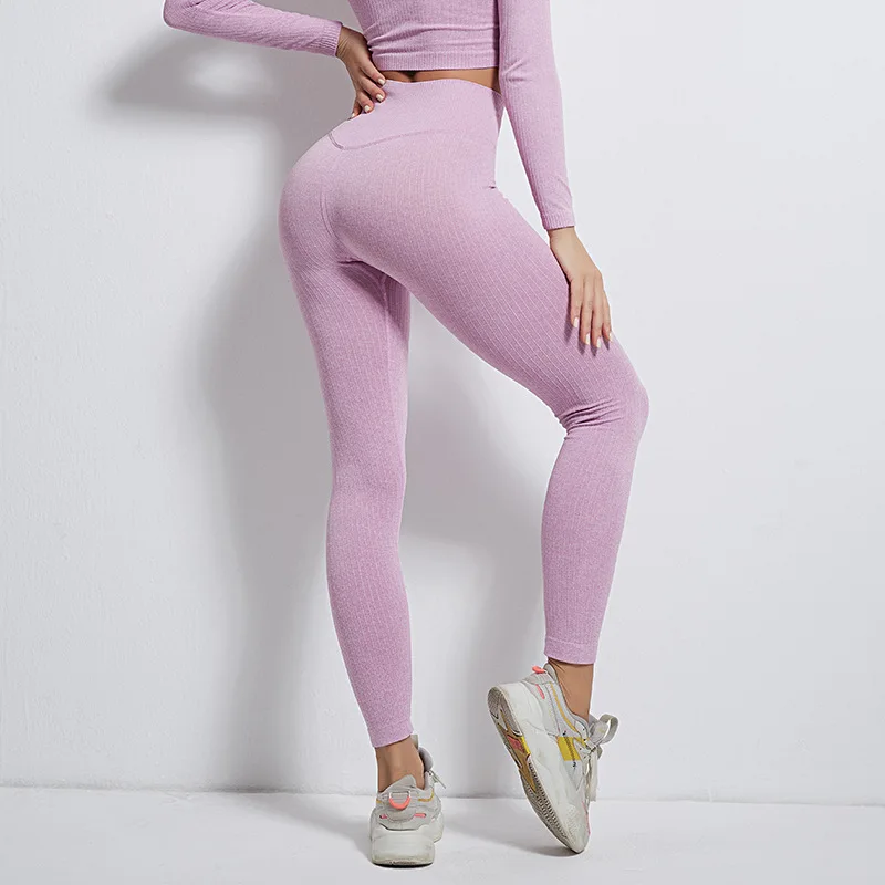 Women Knitted Striped Leggings High Waist Athletic Yoga Workout Fitness Ribbed Gym Tights Elastic Sportwear Drop Shipping