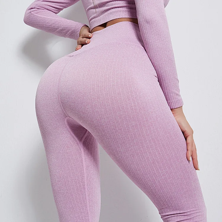 Women Knitted Striped Leggings High Waist Athletic Yoga Workout Fitness Ribbed Gym Tights Elastic Sportwear Drop Shipping