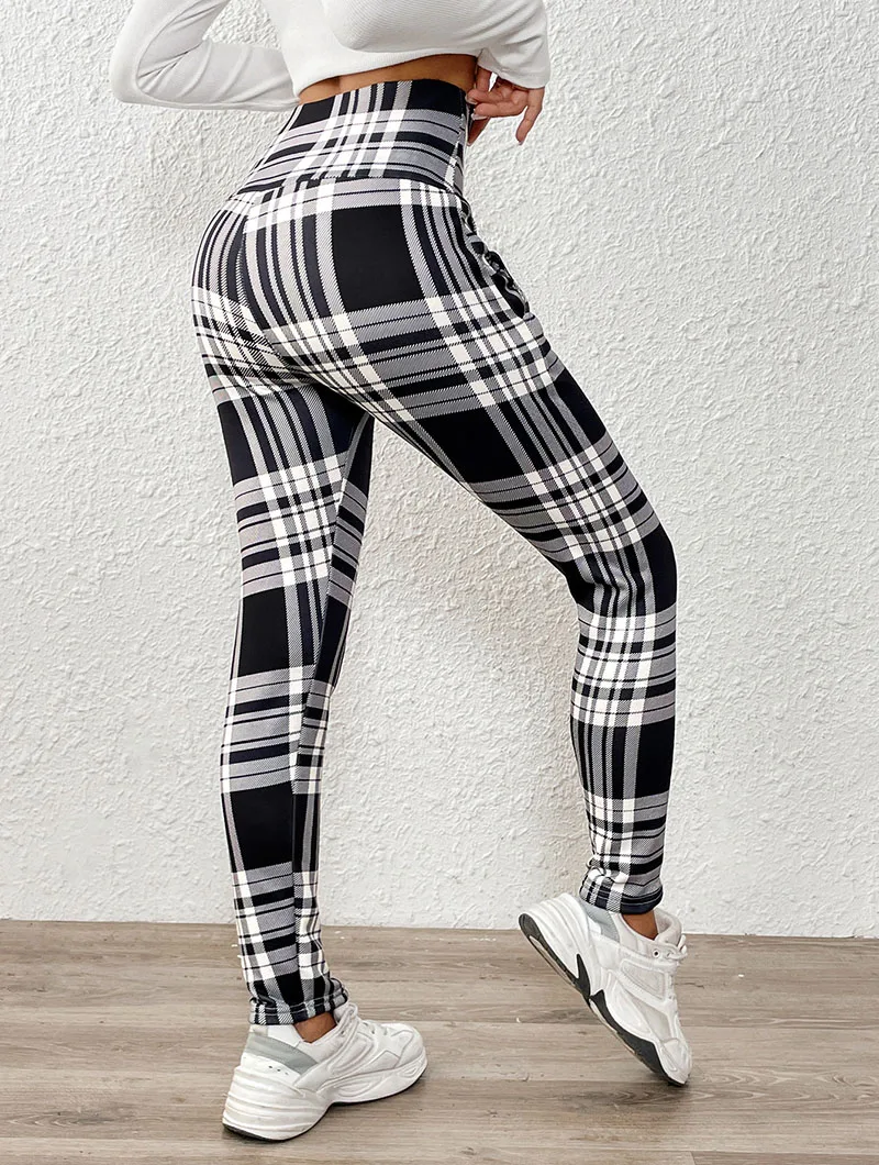 Tight Elastic Sports Fitness Leggings Women Vintage Plaid Printed with Pockets Fleece Leggings Thicken Fall Winter Thermal Pants