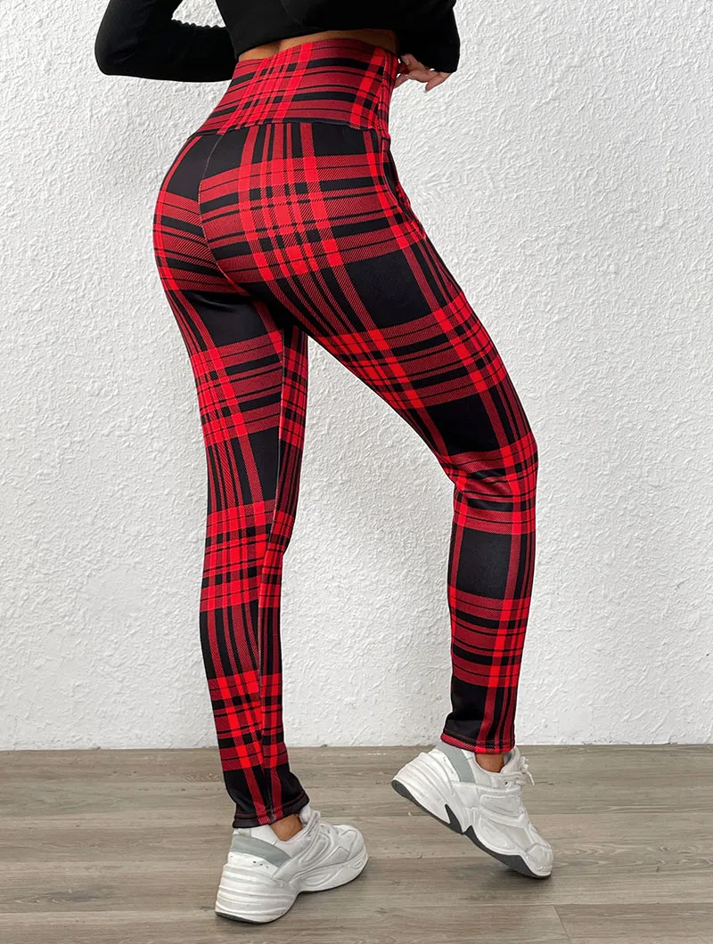 Tight Elastic Sports Fitness Leggings Women Vintage Plaid Printed with Pockets Fleece Leggings Thicken Fall Winter Thermal Pants