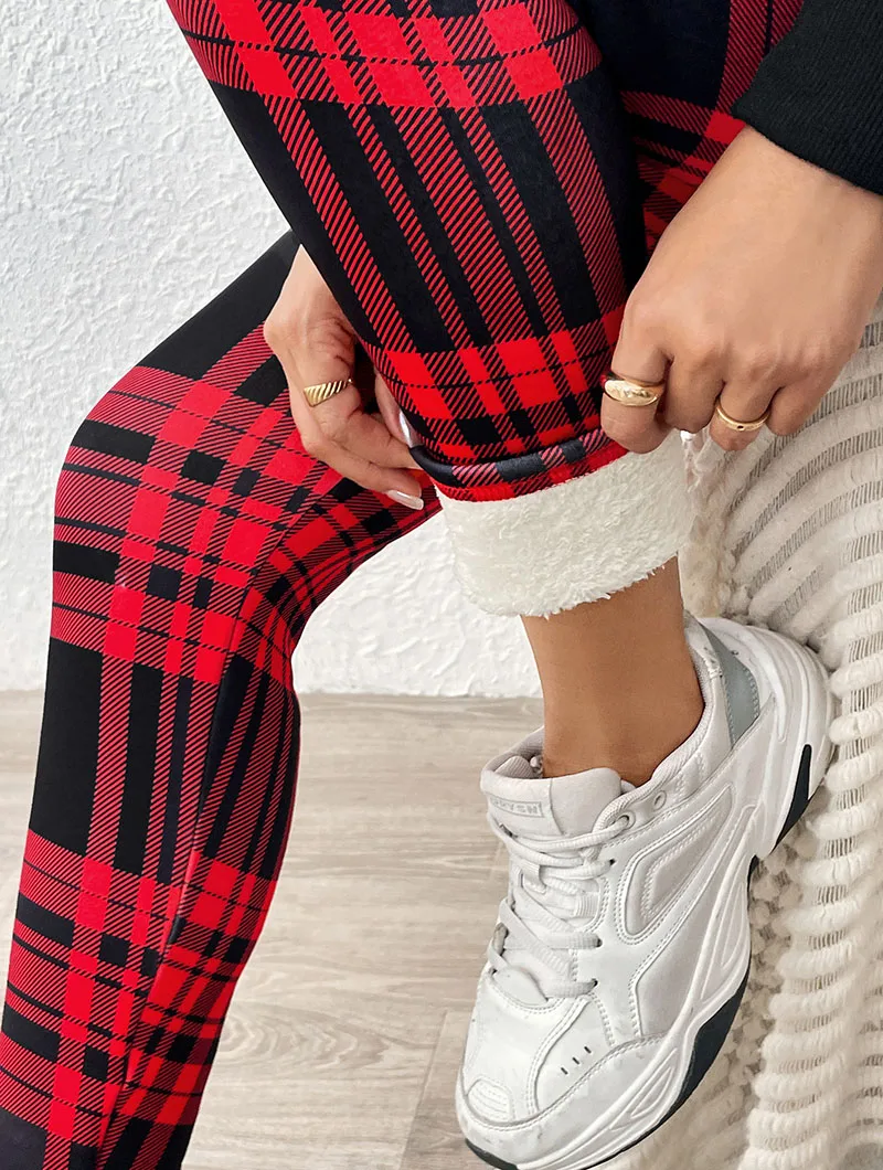 Tight Elastic Sports Fitness Leggings Women Vintage Plaid Printed with Pockets Fleece Leggings Thicken Fall Winter Thermal Pants