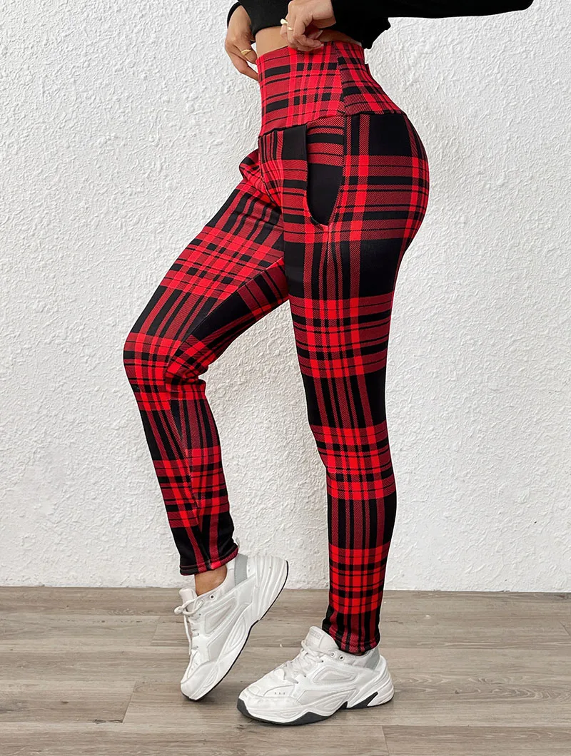 Tight Elastic Sports Fitness Leggings Women Vintage Plaid Printed with Pockets Fleece Leggings Thicken Fall Winter Thermal Pants