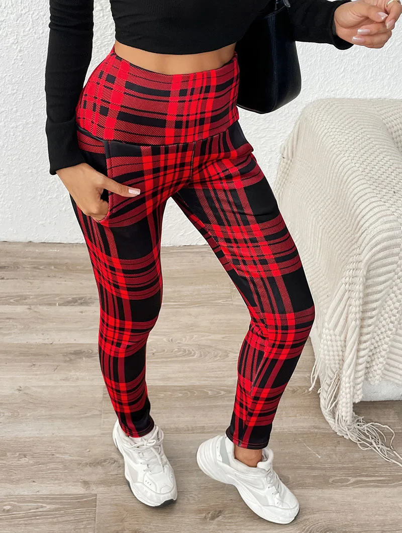 Tight Elastic Sports Fitness Leggings Women Vintage Plaid Printed with Pockets Fleece Leggings Thicken Fall Winter Thermal Pants